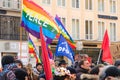 European peaceful march with flags placards and banners